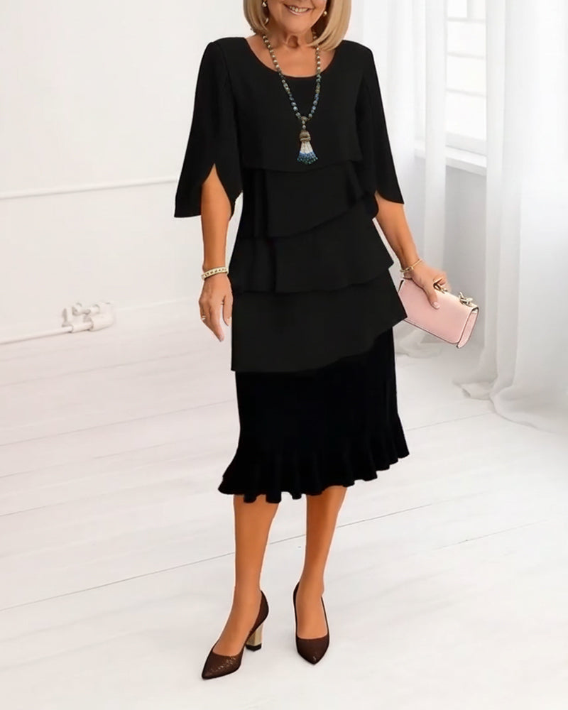 Selvorne | Women's Cocktail Midi Dress Tiered Ruffle - Black - Image 2