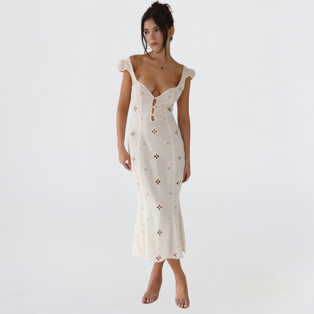 Selvorne | Women's Wedding Guest Midi Dress - Cream - Image 2
