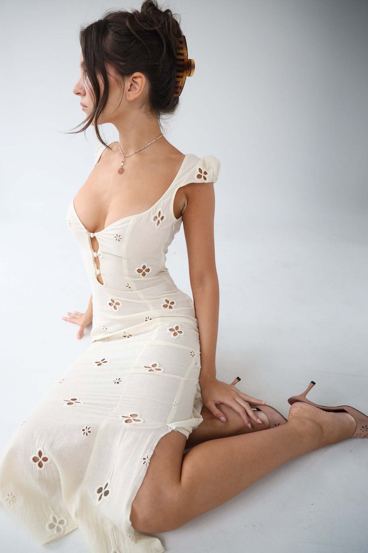 Selvorne | Women's Wedding Guest Midi Dress - Cream - Image 4