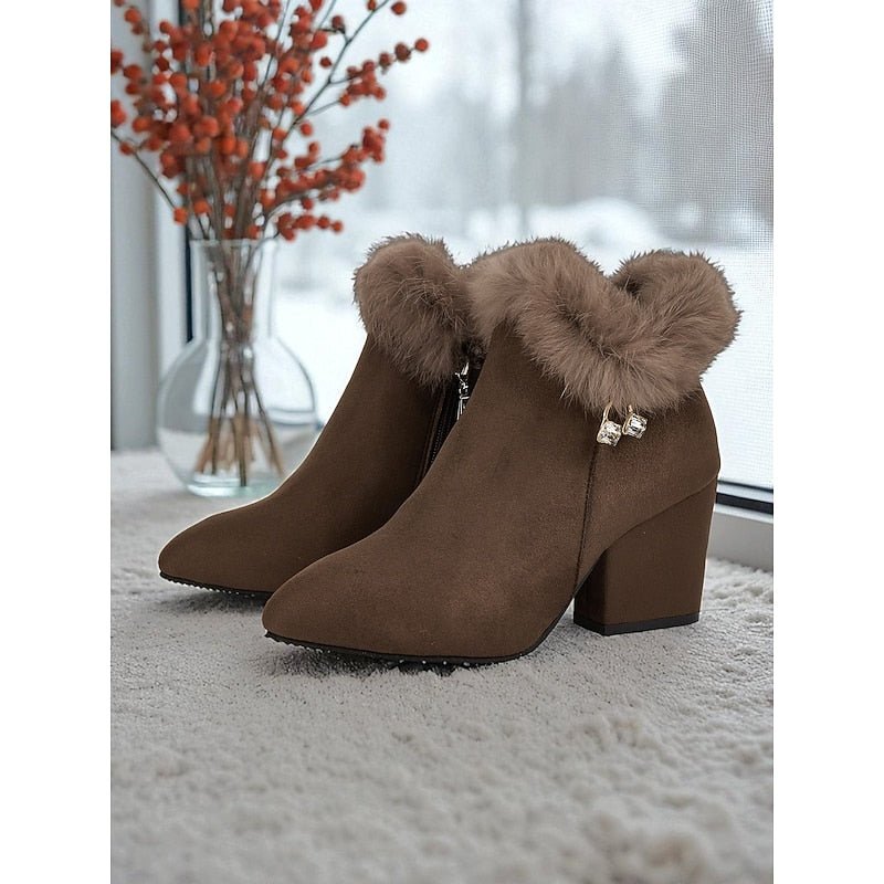 Selvourne | Women's Fur-Trim Block Heel Ankle Boots - Brown - Image 1
