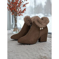 Selvourne | Women's Fur-Trim Block Heel Ankle Boots - Brown - Image 1