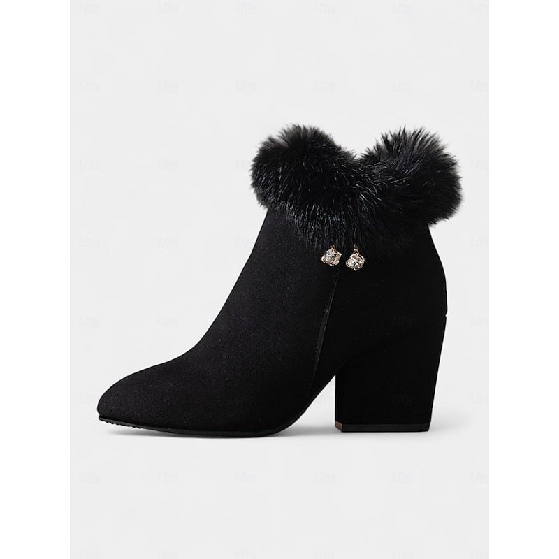 Selvourne | Women's Fur-Trim Block Heel Ankle Boots - Brown - Image 11