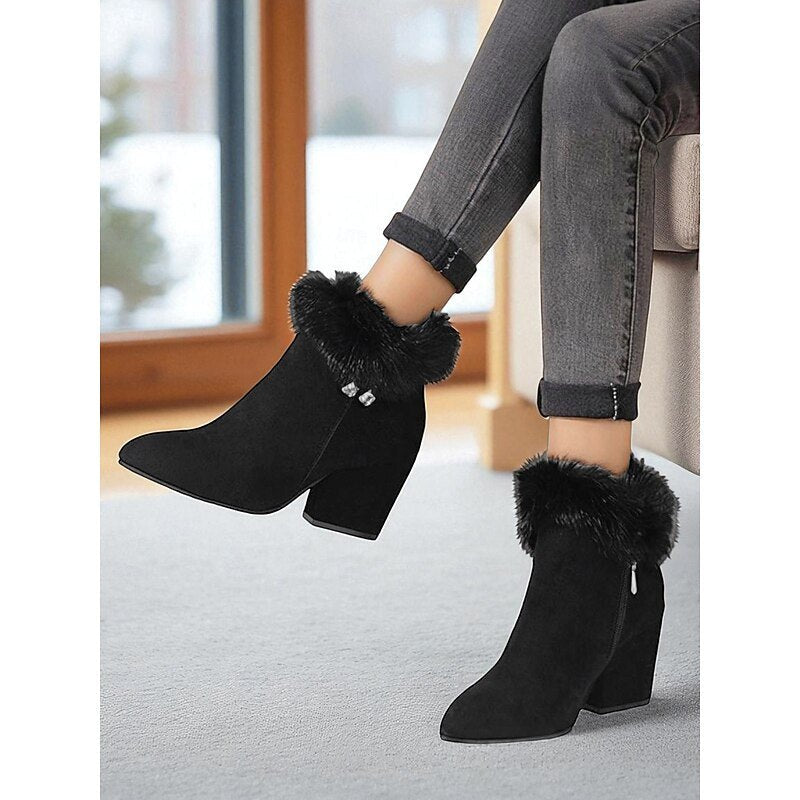 Selvourne | Women's Fur-Trim Block Heel Ankle Boots - Brown - Image 2