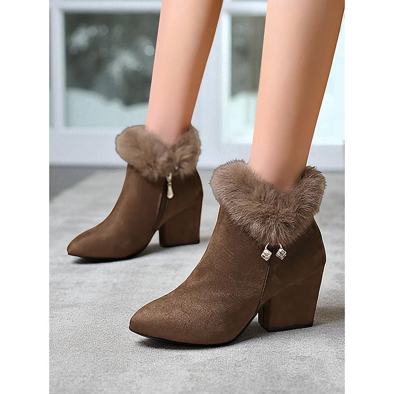 Selvourne | Women's Fur-Trim Block Heel Ankle Boots - Brown - Image 4