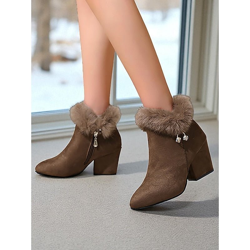 Selvourne | Women's Fur-Trim Block Heel Ankle Boots - Brown - Image 5