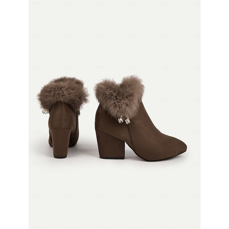 Selvourne | Women's Fur-Trim Block Heel Ankle Boots - Brown - Image 7