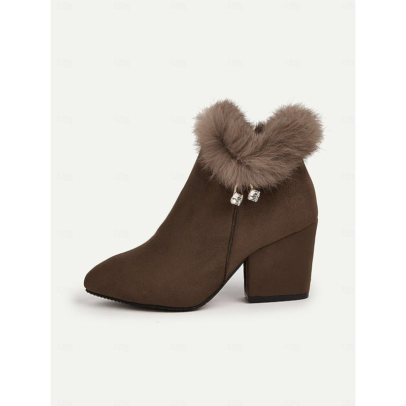 Selvourne | Women's Fur-Trim Block Heel Ankle Boots - Brown - Image 8