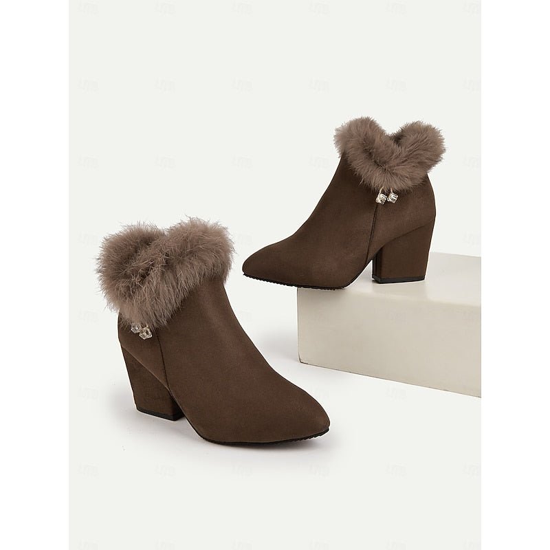 Selvourne | Women's Fur-Trim Block Heel Ankle Boots - Brown - Image 9