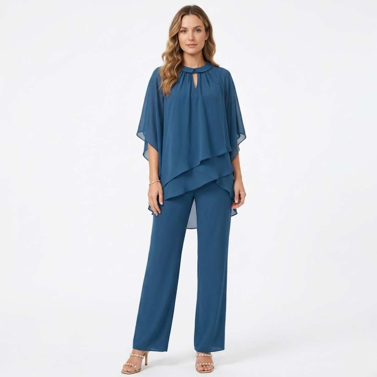 Selvourne | Women's Two Piece Set Cape Top & Wide Leg Trousers - Teal - Image 1