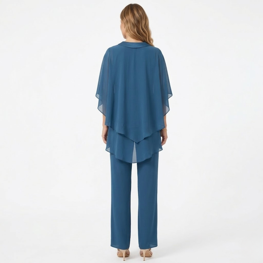 Selvourne | Women's Two Piece Set Cape Top & Wide Leg Trousers - Teal - Image 2