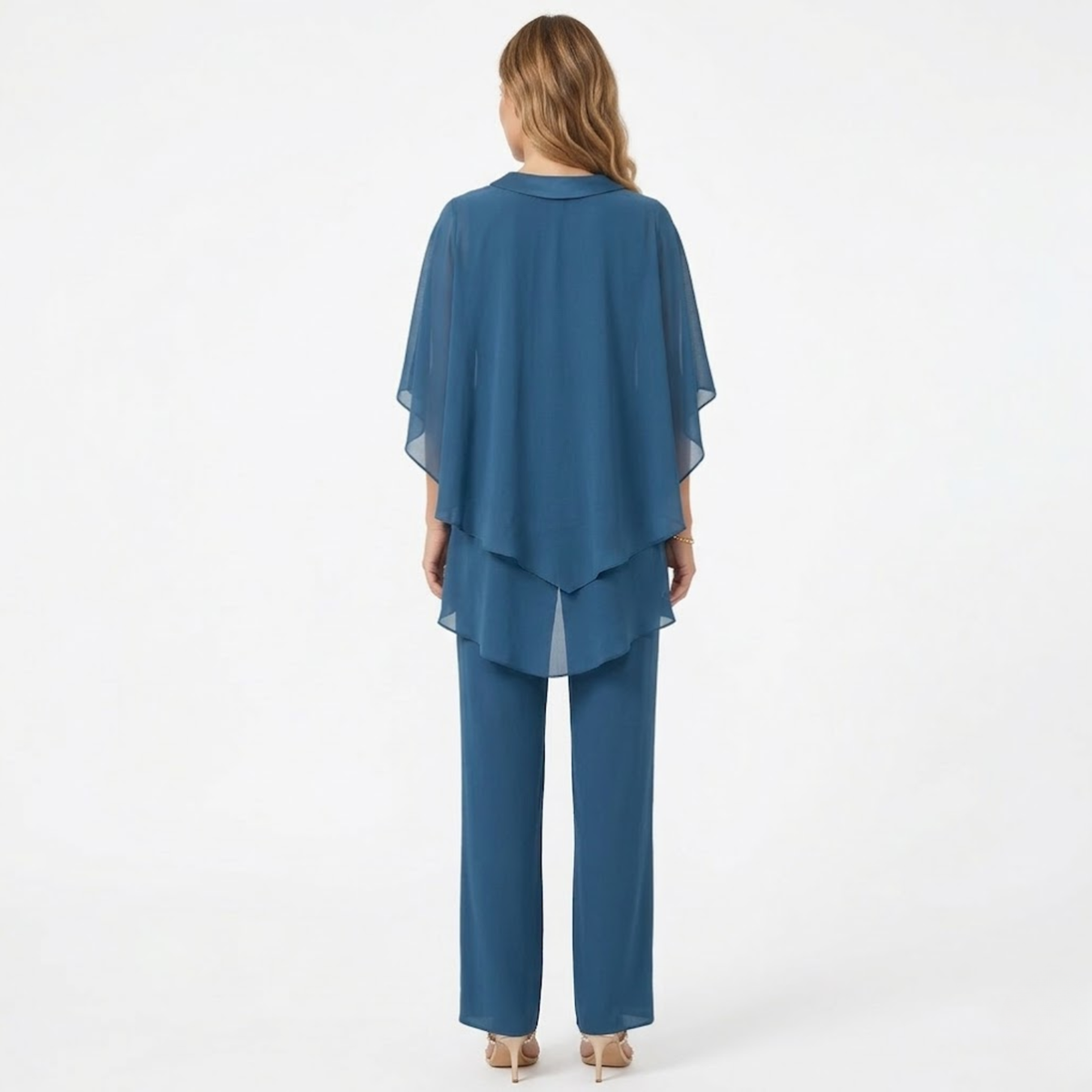 Selvourne | Women's Two Piece Set Cape Top & Wide Leg Trousers - Teal - Image 2
