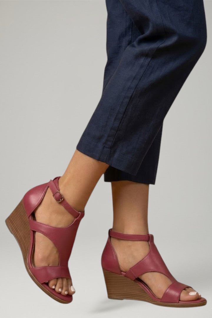 Selvourne | Women's Wedge Sandals Ankle Strap Open Toe - Burgundy - Image 4