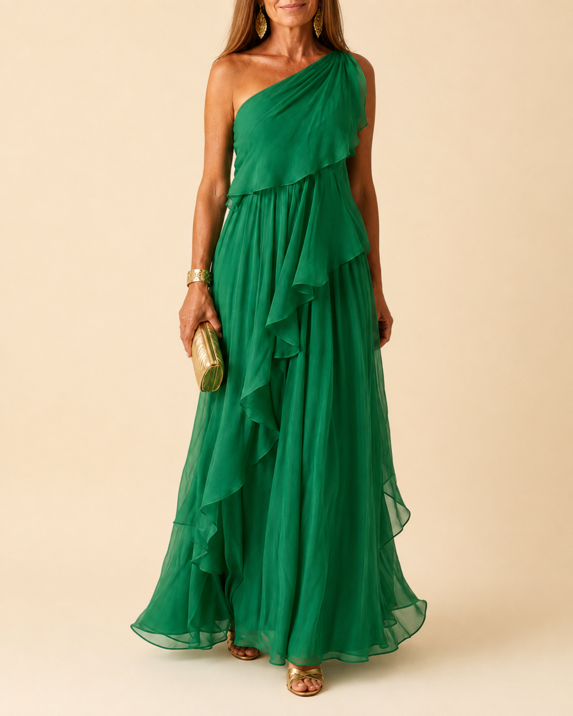 Seravelle | Women's One-Shoulder Ruffle Maxi Dress - Green - Image 1