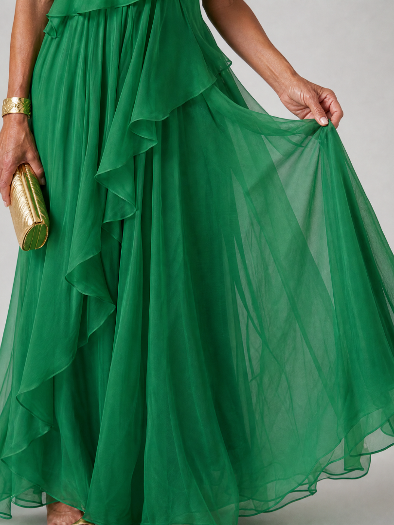 Seravelle | Women's One-Shoulder Ruffle Maxi Dress - Green - Image 4