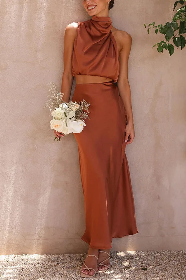 Silvaine | Women's Halter Two-Piece Maxi Set - Brown - Image 1
