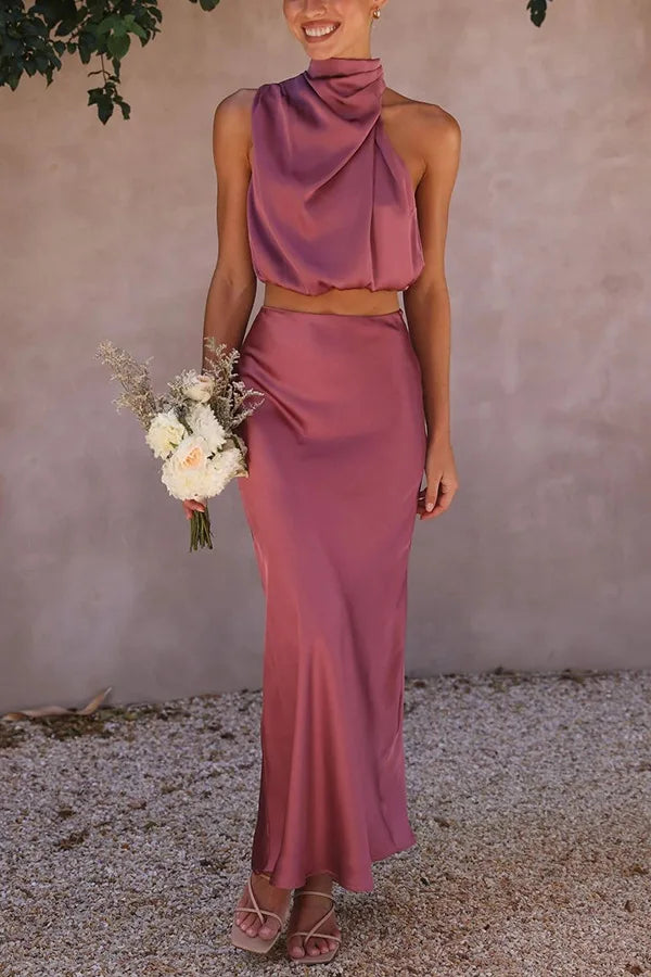 Silvaine | Women's Halter Two-Piece Maxi Set - Brown - Image 2