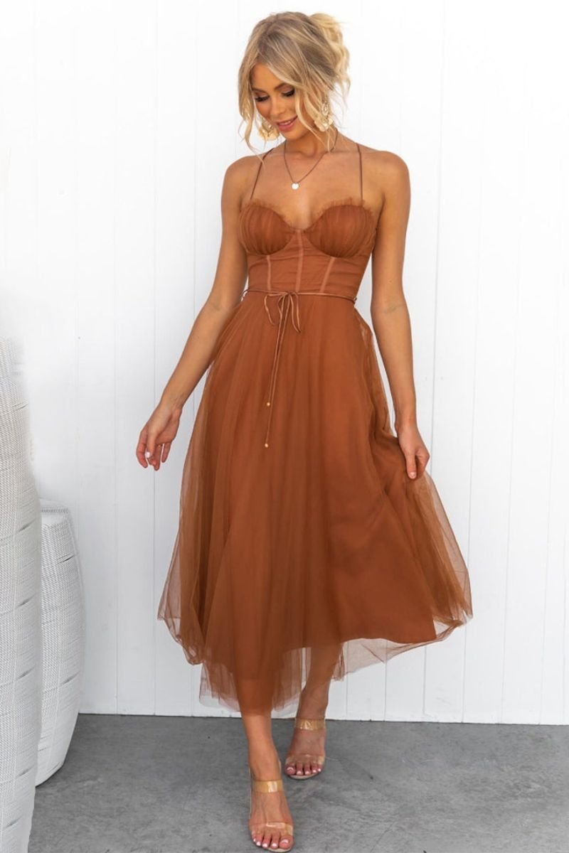 Solange | Women's Midi Dress Corset Tulle - Brown - Image 1