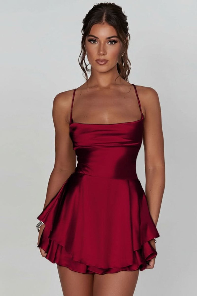 Solène | Women's Cocktail Mini Dress Cowl Neck - Burgundy - Image 1