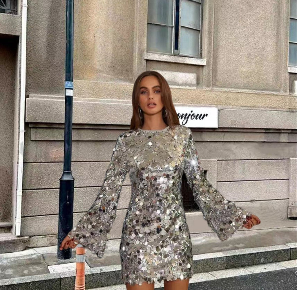 Solène | Women's Sequin Mini Dress Long Sleeve - Silver - Image 1