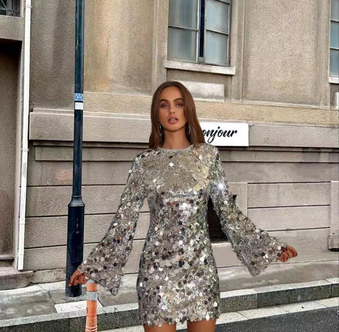Solène | Women's Sequin Mini Dress Long Sleeve - Silver - Image 1