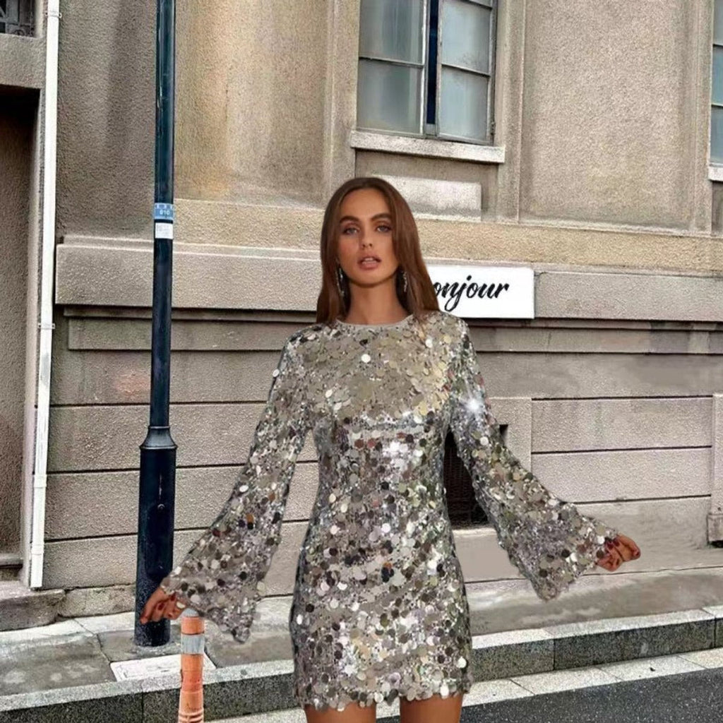 Solène | Women's Sequin Mini Dress Long Sleeve - Silver - Image 3