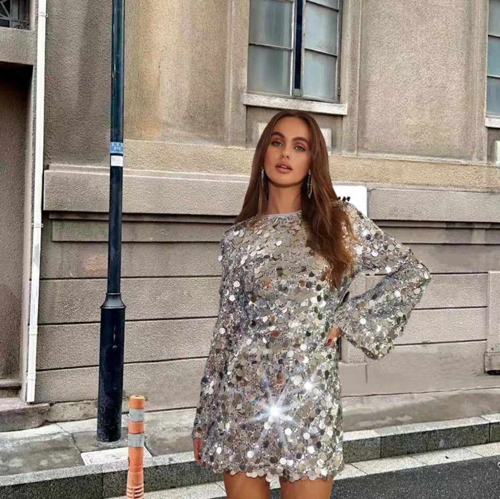 Solène | Women's Sequin Mini Dress Long Sleeve - Silver - Image 4