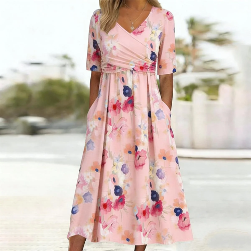 Solvaine | Women's Floral Midi Dress Wrap Front - Pink - Image 1