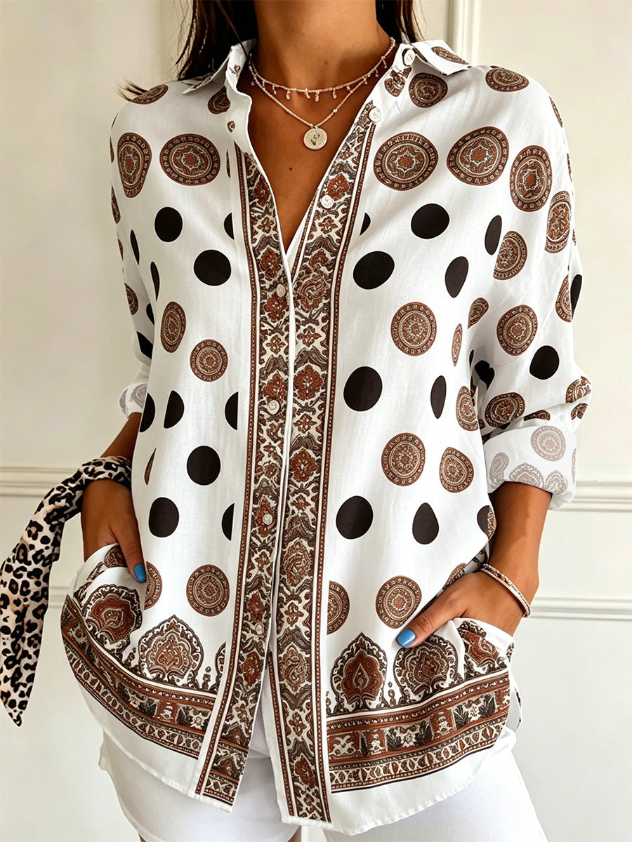 Solvaine | Women's Printed Linen Top Long Sleeve Blouse - White - Image 1