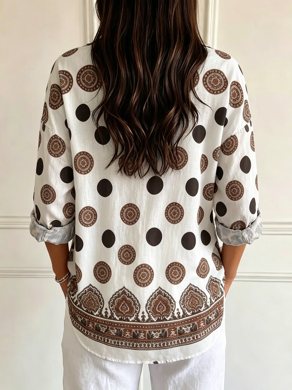 Solvaine | Women's Printed Linen Top Long Sleeve Blouse - White - Image 2