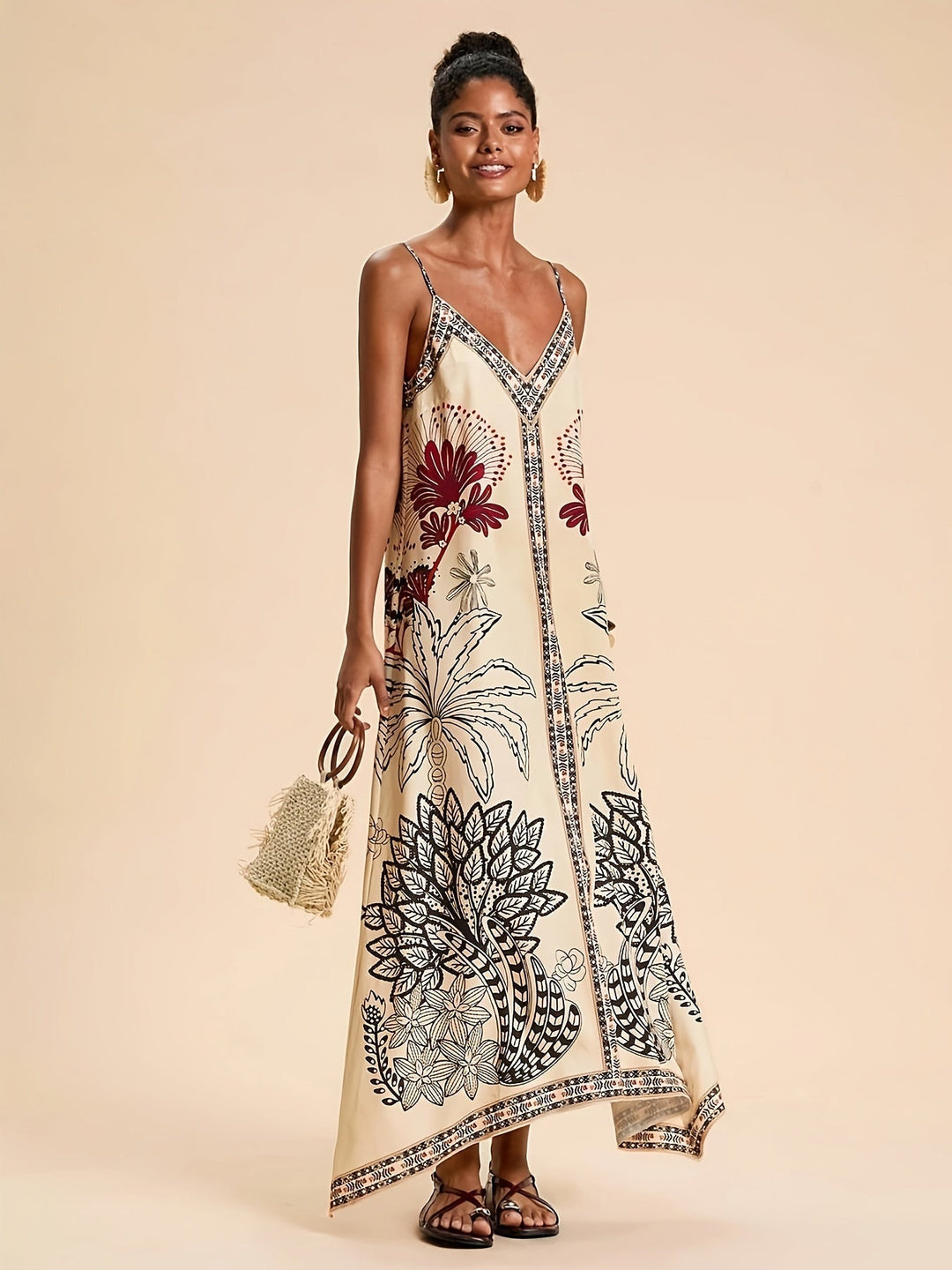 Solvara | Women's Boho Maxi Dress Tropical Print - Cream - Image 1