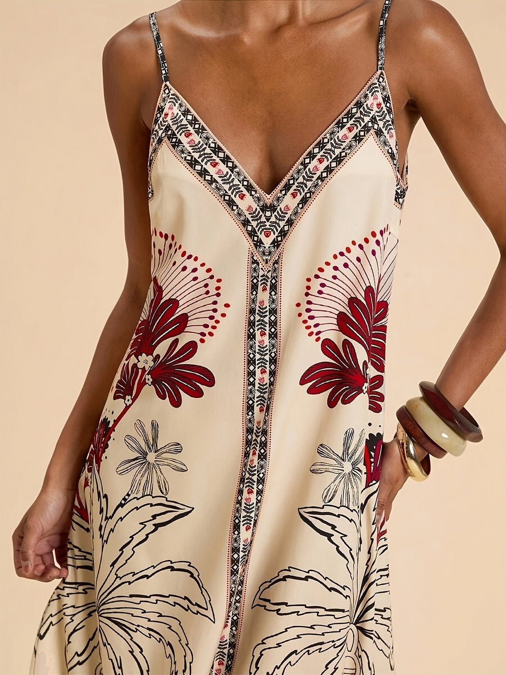 Solvara | Women's Boho Maxi Dress Tropical Print - Cream - Image 2