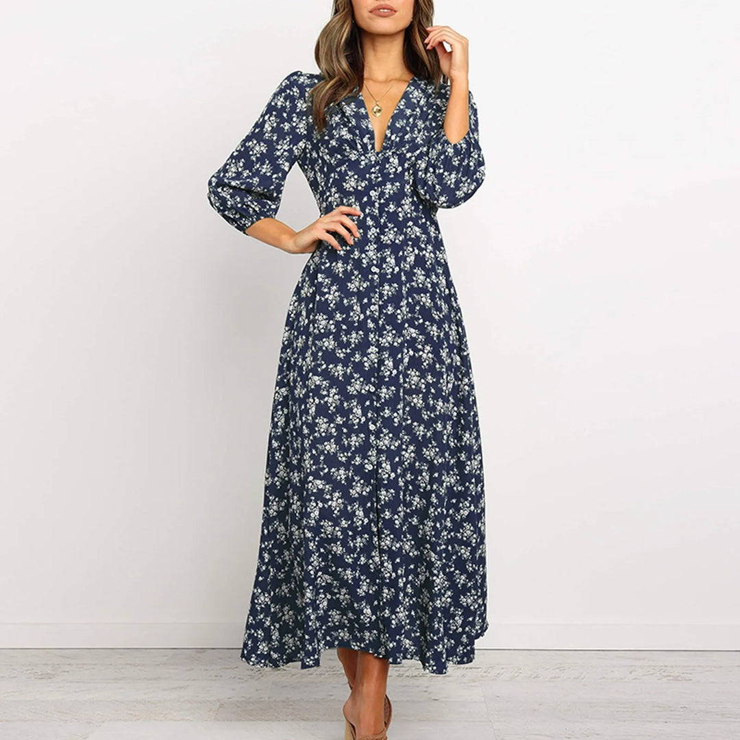 Solvara | Women's Maxi Dress Long Sleeve - Navy - Image 1