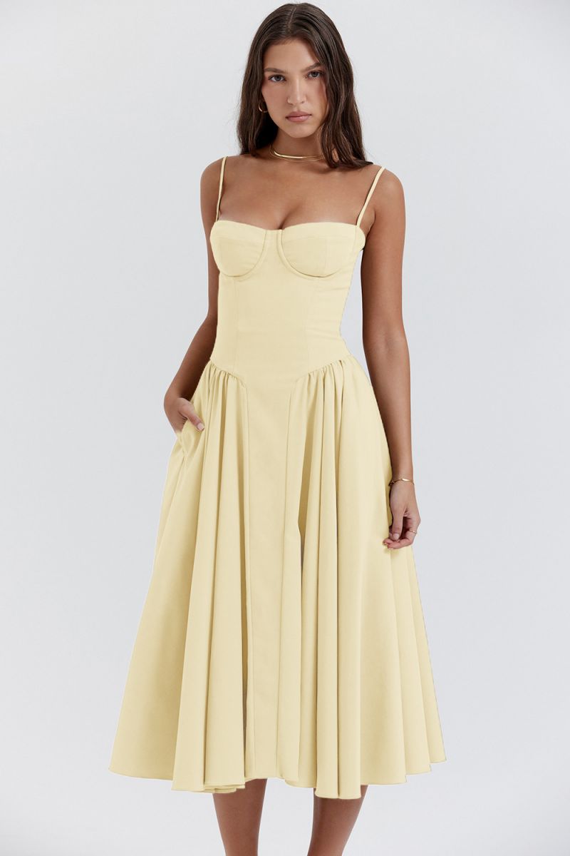 Solvara | Women's Wedding Guest Midi Dress - Yellow - Image 1
