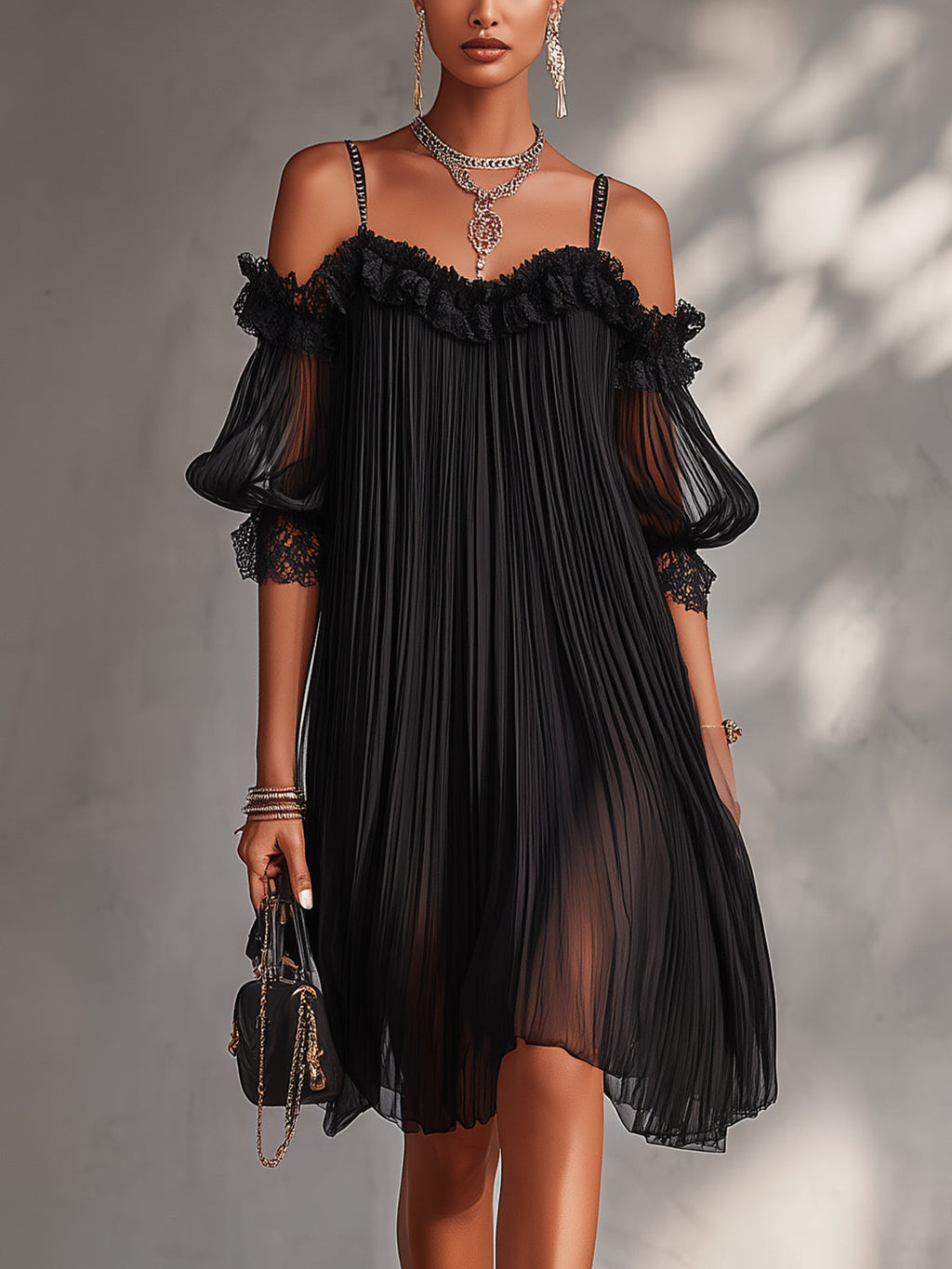 Solvei | Women's Off-Shoulder Pleated Mini Dress - Black - Image 1