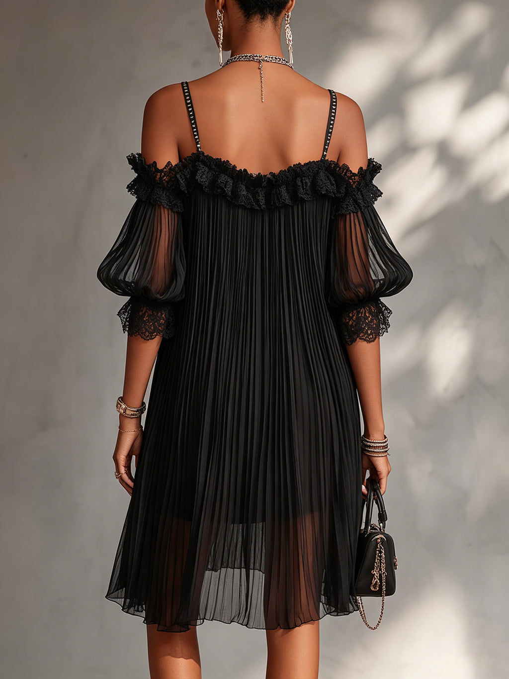 Solvei | Women's Off-Shoulder Pleated Mini Dress - Black - Image 3