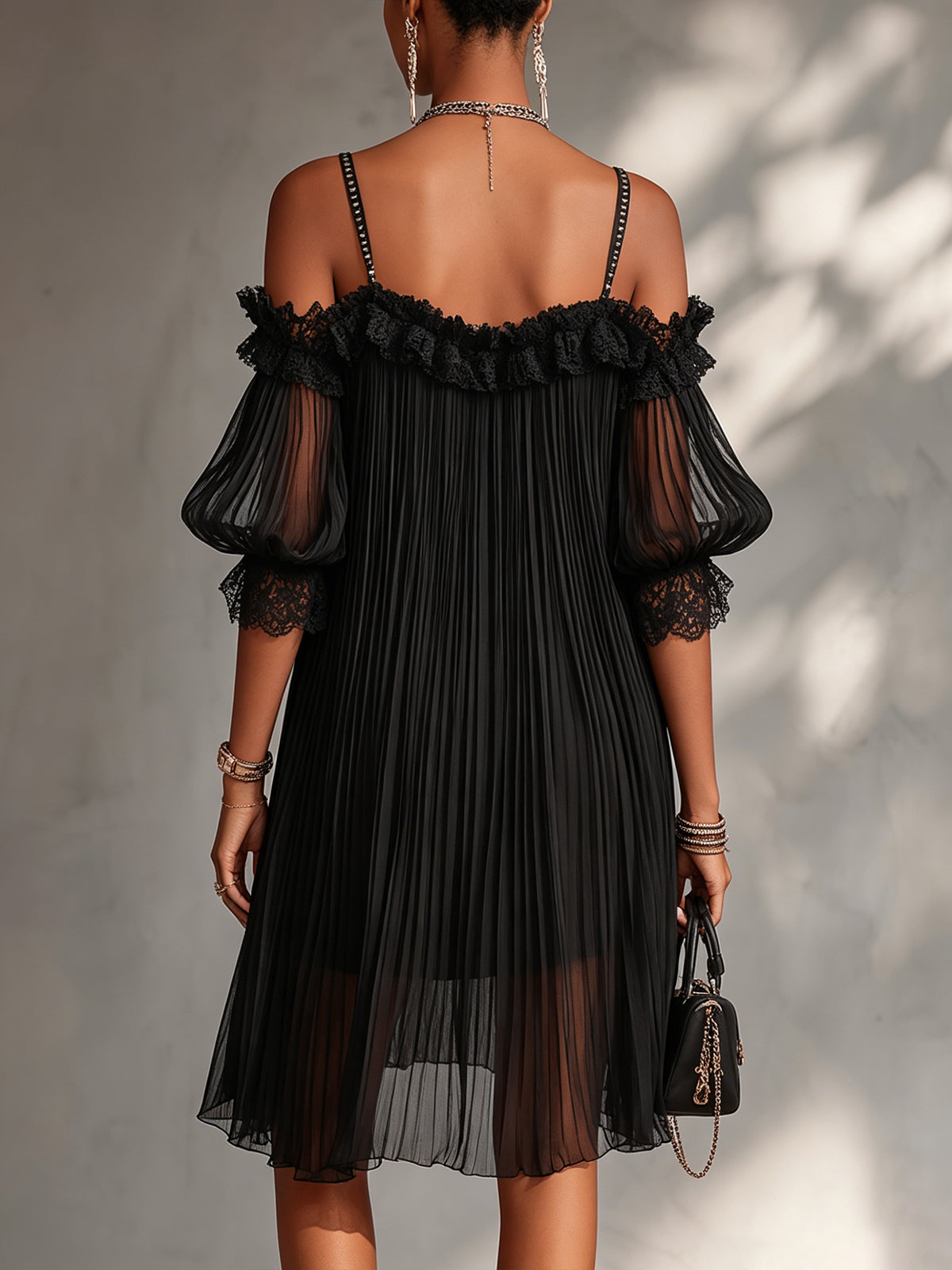 Solvei | Women's Off-Shoulder Pleated Mini Dress - Black - Image 3