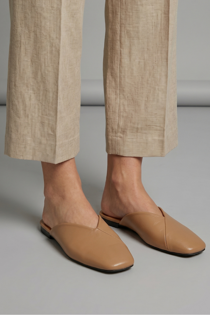 Solveth | Women's Square Toe Flat Mule Sandals - Camel - Image 1