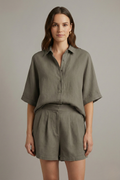 Solveth | Women's Two Piece Linen Shirt & Shorts Set - Olive Green - Image 1