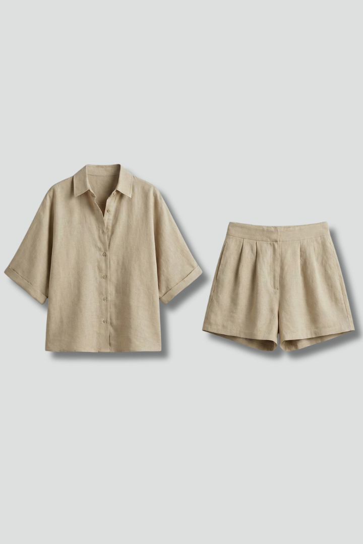 Solveth | Women's Two Piece Linen Shirt & Shorts Set - Olive Green - Image 2