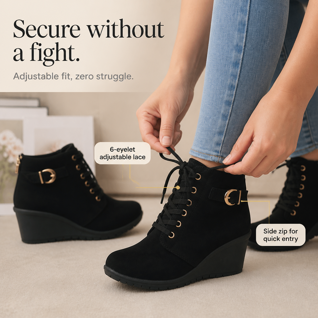 Solveth | Women's Wedge Ankle Boots Lace-Up - Black - Image 6