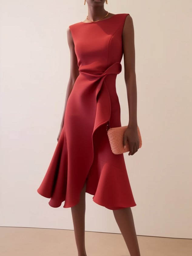 Solvindra | Women's Asymmetric Ruffle Midi Dress - Red - Image 1