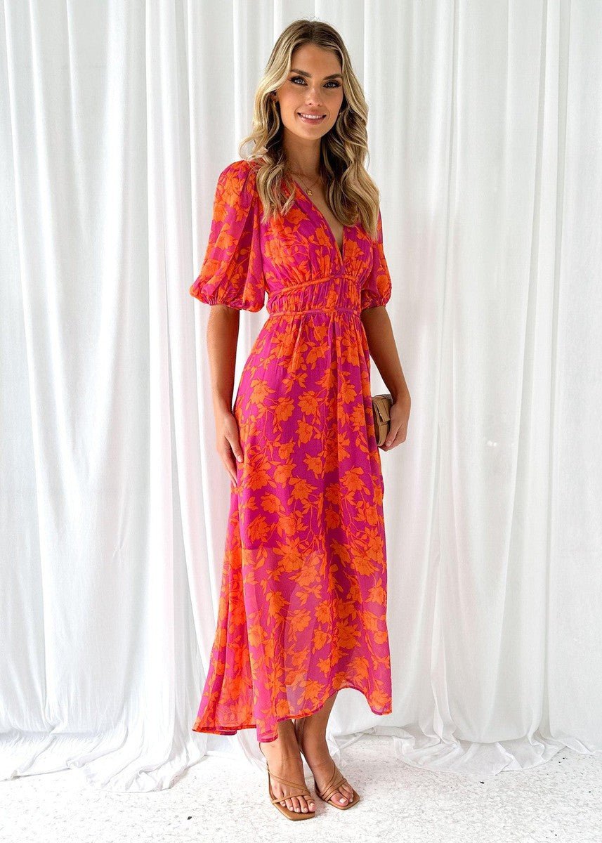 Solvindra | Women's Casual Summer Floral Midi Dress - Hot Pink - Image 2