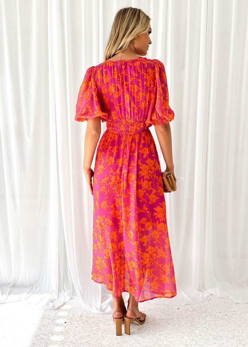 Solvindra | Women's Casual Summer Floral Midi Dress - Hot Pink - Image 3