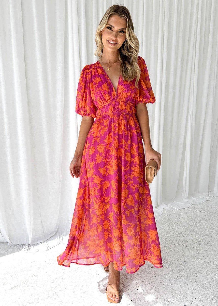 Solvindra | Women's Casual Summer Floral Midi Dress - Hot Pink - Image 4