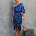 Soraya | Women's One Shoulder Midi Dress Ruched - Blue - Image 1