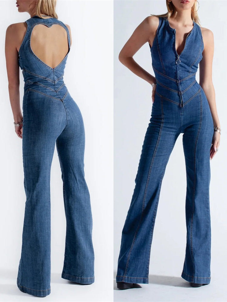 Sorella | Women's Denim Flare Leg Jumpsuit Heart Back - Blue - Image 1