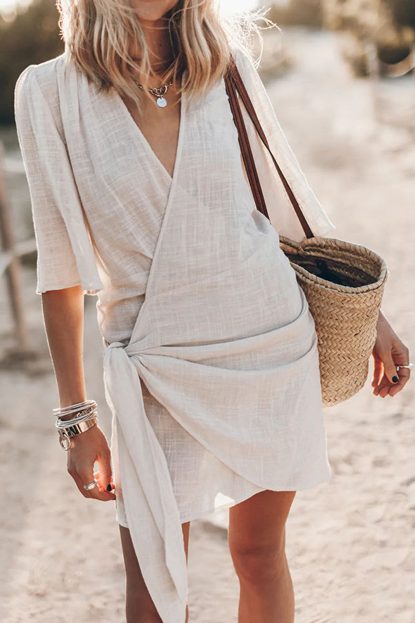 Sorelle | Women's Wrap Mini Dress Asymmetric Hem - Cream - Image 1