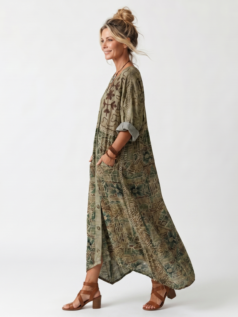 Sorinda | Women's Midi Dress Oversized Print - Olive Green - Image 2