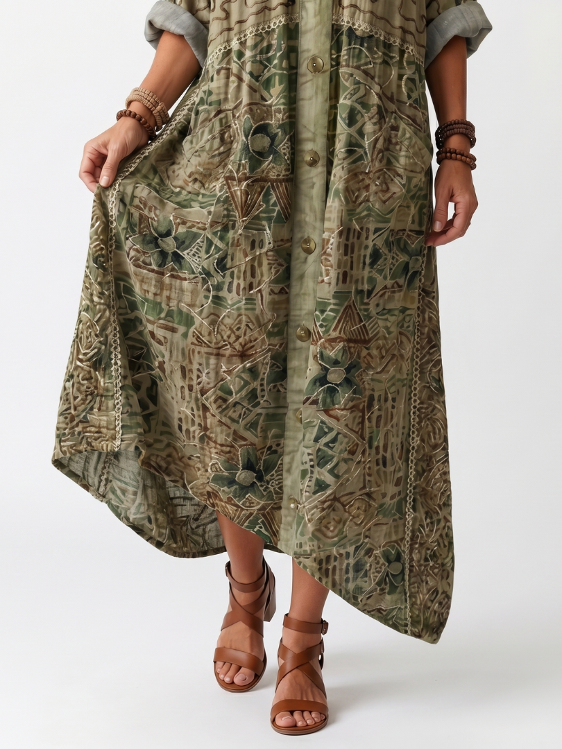 Sorinda | Women's Midi Dress Oversized Print - Olive Green - Image 3