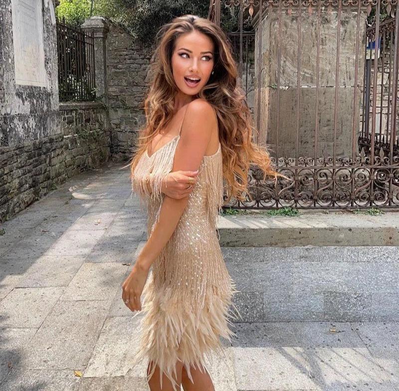 Sylvaine | Women's Fringe Mini Dress with Feather Hem - Image 3